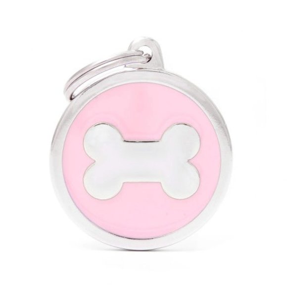 MY FAMILY BIG PINK CIRCLE BONE ROUND CHROME ENGRAVABLE DOG ID TAG CLASSIC ITALY - Picture 1 of 3